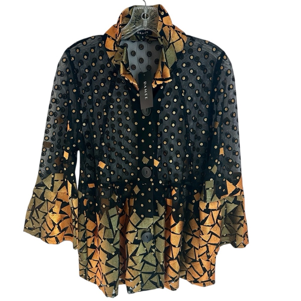 NWT Unique Damee Sparkly Sheer Black Blouse with Gold Polka Dots Oversize Size S